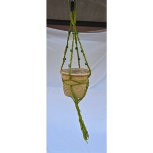 Vintage Yarn Macrame Green Beads Pot Plant Holder Hanger 38" for 10" to 12" Pots